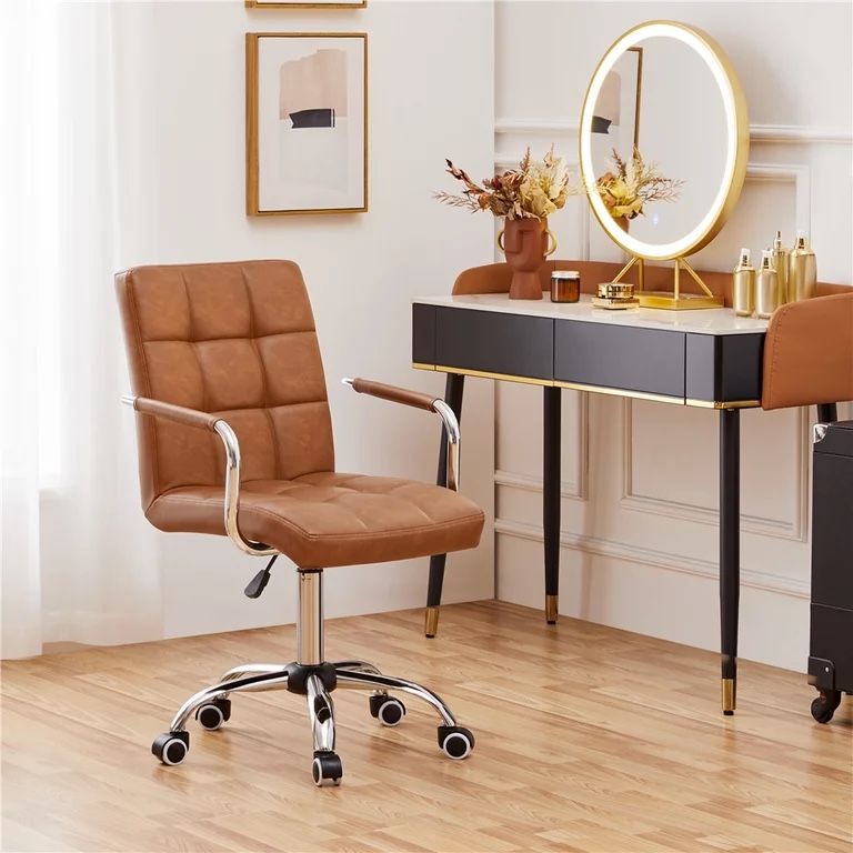 Height Adjustable PU Leather 360° Swivel Office Chair Retro Brown