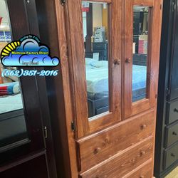 Oak Wood Tall Wardrobe Double Door With Mirrors + Jumbo Drawers 