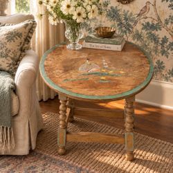 Cottagecore Vintage Round Painted Wood Side Table 1940’s Folk Art Birds Floral Turned Legs Rustic Weathered Aged 