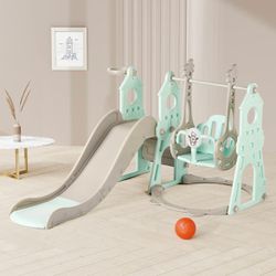 4-in-1 Kids Slide and Swing Set Includes Slide, Swing, Basketball Hoop, and Climber –Castle Collection Blu