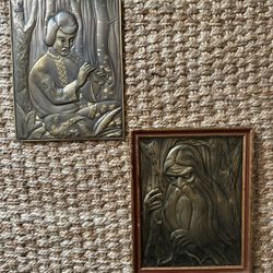 2 Vintage Boho MCM Asian Artwork Metal Plaque Picture
