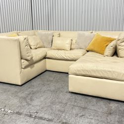 Genuine leather sectional U Shaped sofa couch chaise Beige Cream 