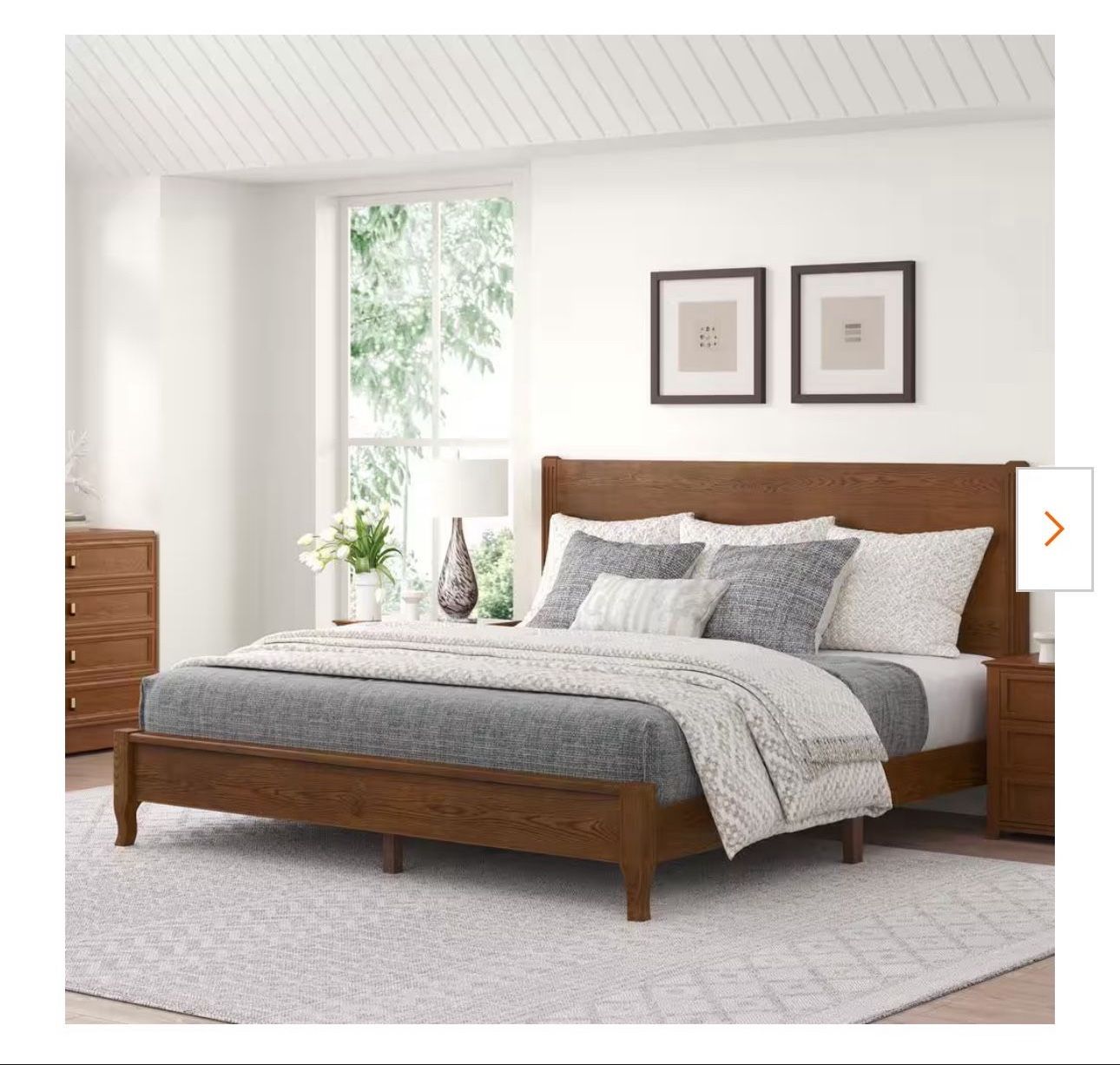 Yolo Brown Walnut Solid Red Oak Wood Frame King Size Platform Bed Frame with Headboard Wooden