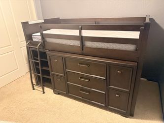 Brown wood twin loft bed dresser desk bookshelf