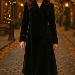 Vintage Surrey Of Canada Black Velvet Double Breasted Coat Satin Trim Womens