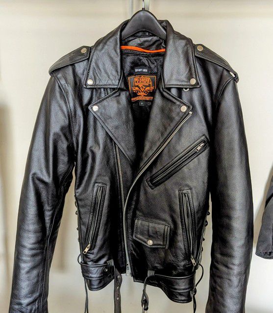 Men's Leather Motorcycle Jacket (Unworn), Milwaukee Genuine Leather, Black and Nickel, Size Small