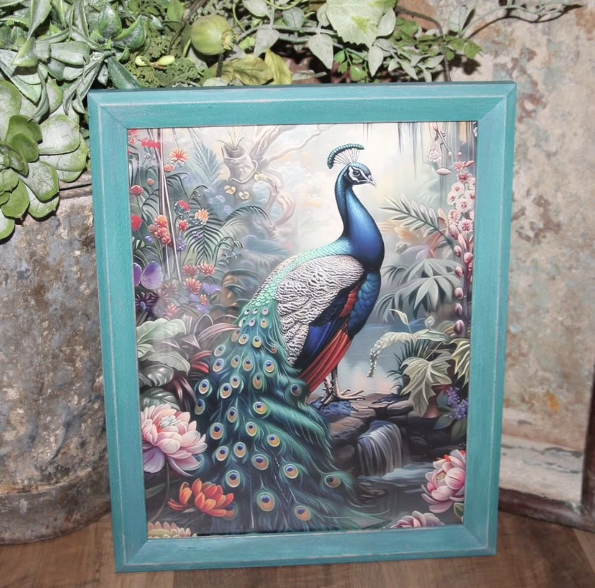 Bright Colorful Peacock Bird & Floral Wall Decor Picture
