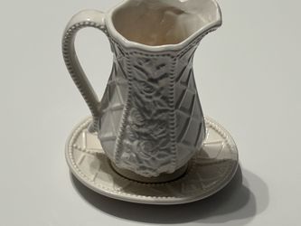 Vintage mid-century, white ceramic creamer, pitcher with matching saucer