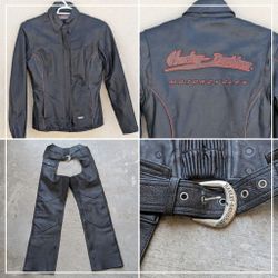 Harley Davidson Womens Small Leather Motorcycle Jacket & Chaps Riding Set