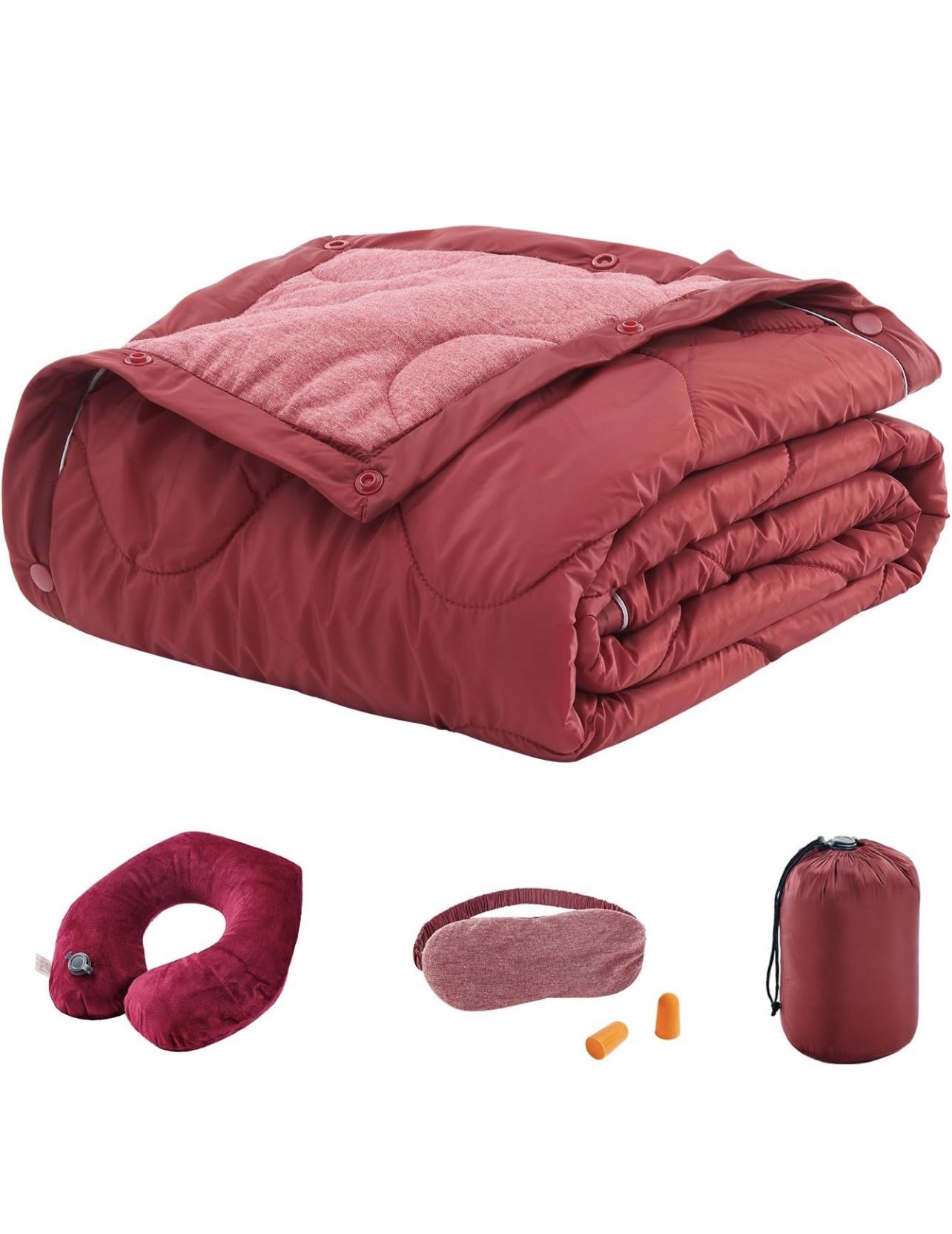 4-in-1 Airplane Essentials-Travel Blanket and Pillow Set for Airplanes - Includes Blanket, Inflatable Pillow, Eye Mask, and Earplugs can