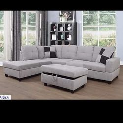 New White Grey Sectional And Ottoman