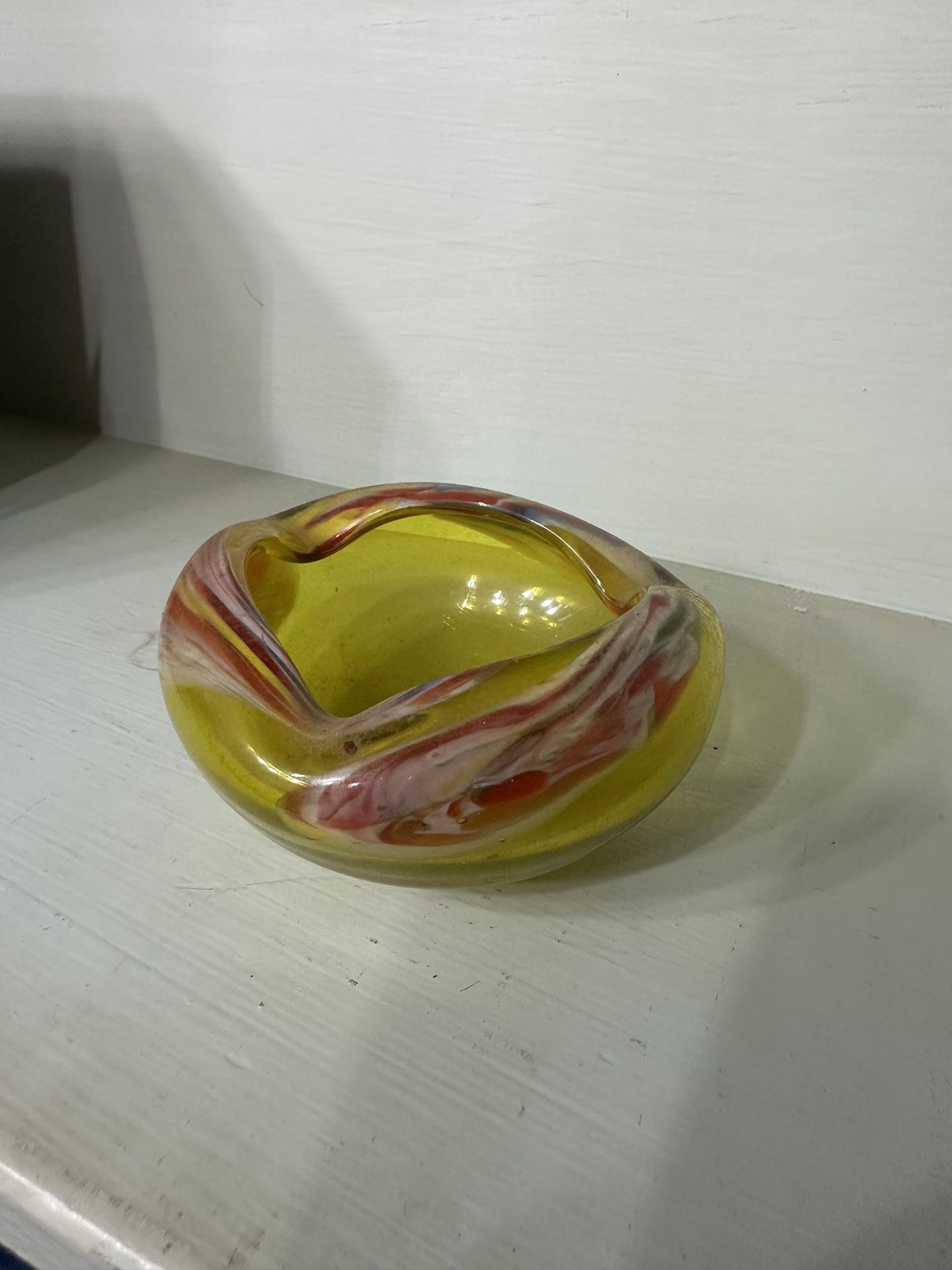 Vintage Venetian Murano Yellow Multi Colored Swirl Glass Ashtray