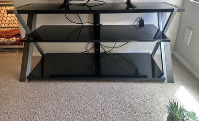 TV Stand Console – $185 OBO - 3-Tier Glass and Wood & Metal Trim