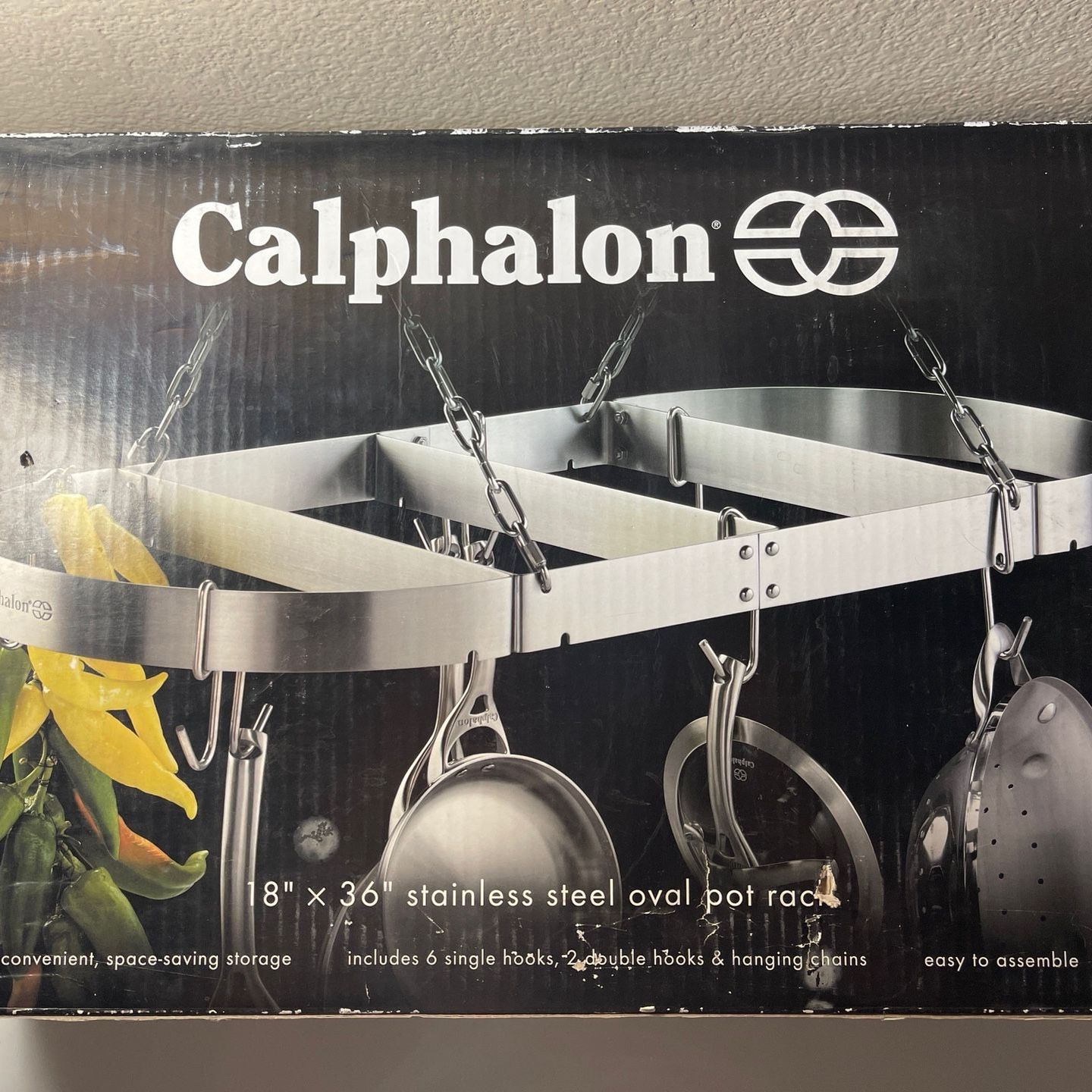 CALPHALON 18" x 36" STAINLESS STEEL OVAL CEILING POT RACK , New But Open Box
