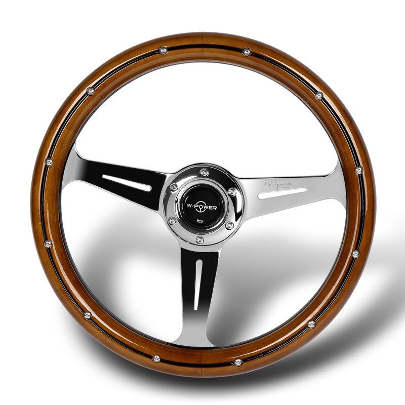 W-Power 350MM Classic Dark Wood Grip 6-Holes Chrome Spoke 14-Inch Steering Wheel -(3-SW-8952-WD-CH