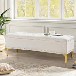 Beige Chenille Modern Storage Bench with Wood Frame and Gold Metal Leg End of Bed Storage Ottoman
