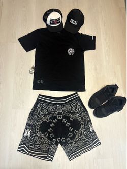Chrome Hearts Tee + Amiri Paisley Shorts + Jordan 4 Black Cat Bundle