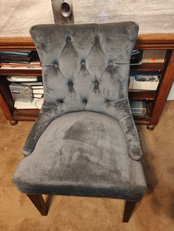 TWO Grey Velvet Chairs with Brass Studded Trim