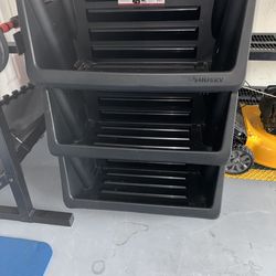 New condition (3) Husky 55 Gal. Multipurpose Stackable Space Saving Heavy Duty Storage Bin in Black