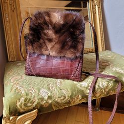 Vintage Neiman Marcus Italy Brown Crocodile Leather Fur Purse Handbag 1960s