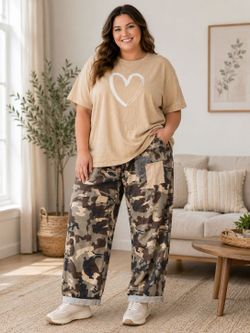 Women's XL Beige Heart Graphic Top & Camo Drawstring Pants Lounge Set NWOT