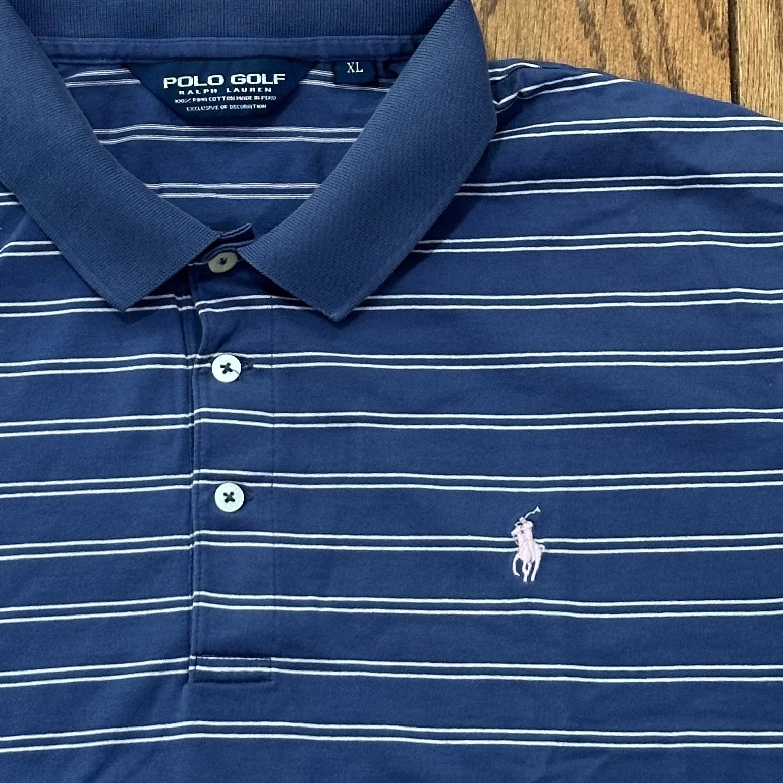 Men’s XLARGE Ralph Lauren POLO Short Sleeve Collard Collar Button Dress Work Shirt XL XLRG - Striped NAVY