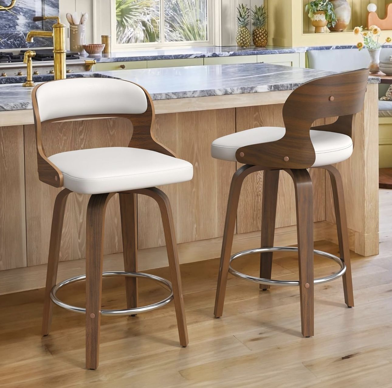Swivel Bar Stools with Backs for Kitchen,Restaurant, White. Set Of2