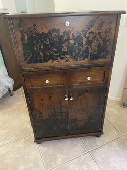 Vintage Lane Furniture 2-Piece Bar & Cabinet Set – Historic Military / Early American Artwork – 1983