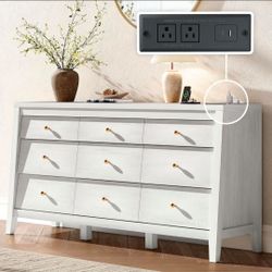 9 Drawers Dresser for Bedroom, 59" Wide Wood Chest of Drawers with Charging Station & Beveled Design, Mid Century Triple Long Dresser Storage Organize