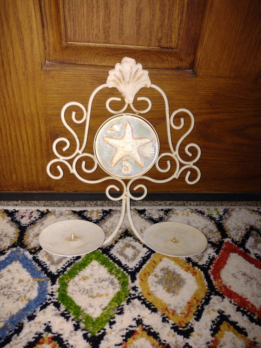 Beach Themed Distressed Metal Wall Candle Holder