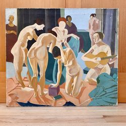 Vintage Mid-Century Modern Figurative Oil Painting European Studio Scene 32x28