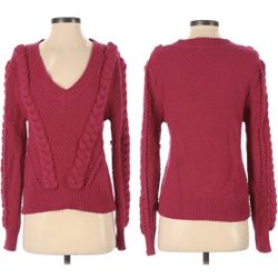 LEITH pullover chunky knit braided V-neck pink sweater women size Small