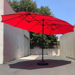 (New in box) $130 Large 15FT Double Sided Outdoor Umbrella w/ 65 LBS Plastic Weight Base (Red/Gray)