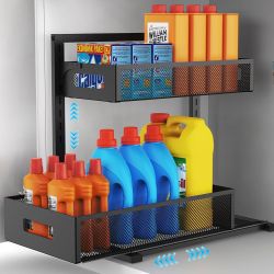 Under Sink Organizer Pull Out Cabinet Organizer Adjustable Height 2 Tier with Sliding Drawers Kitchen Bathroom Organizer and Storage