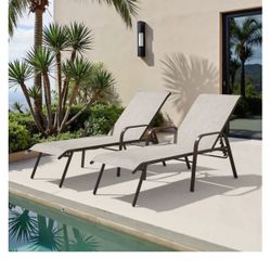 Set of 2 Brown Steel Frame Stationary Chaise Lounge Chair with Beige Textilene Mesh Seat
