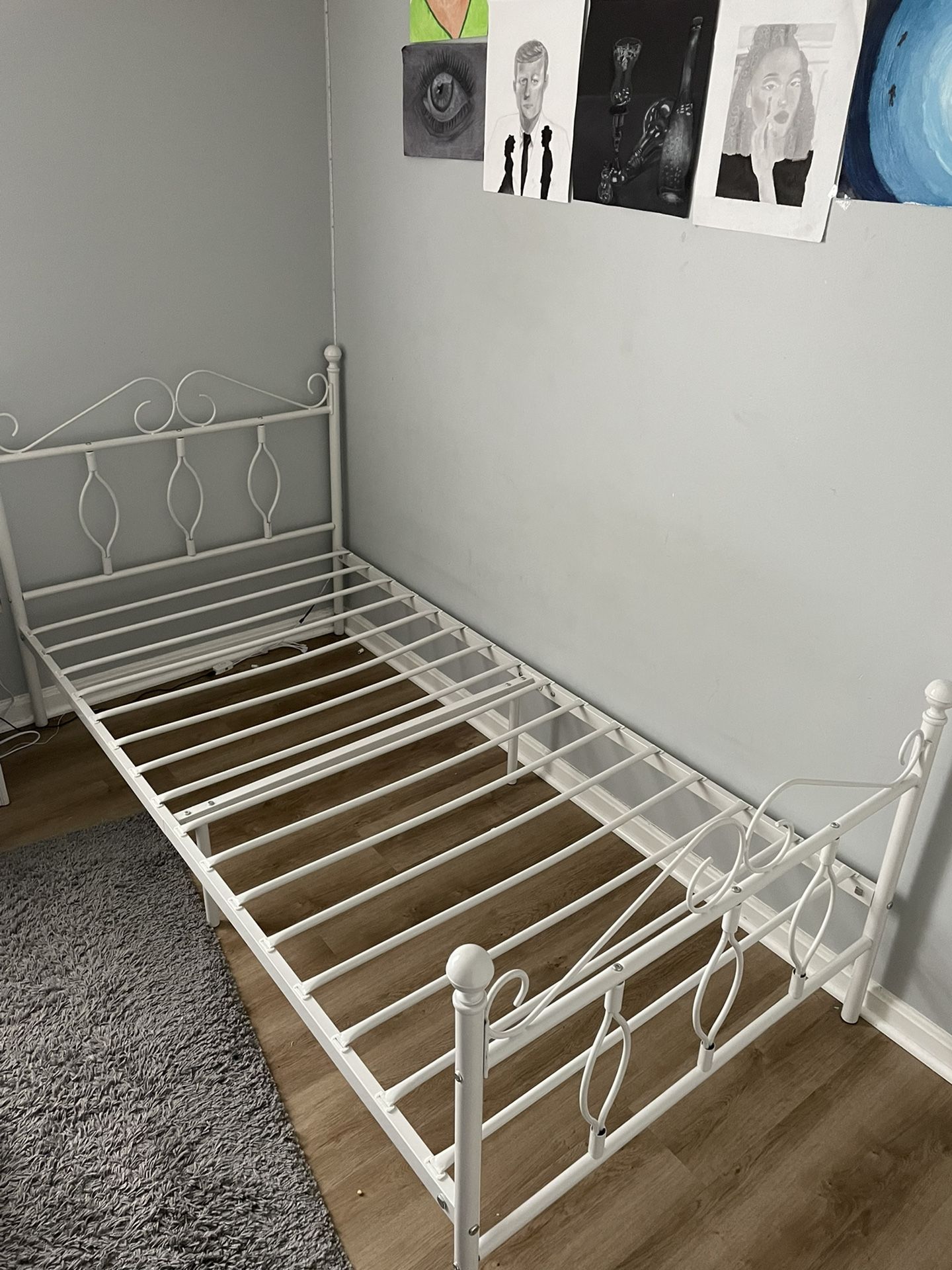 Twin Bed ;Girls metal, white, good  condition, no mattress,  need gone as soon as possible.