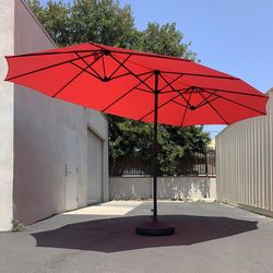 (Brand New) $130 Large 15FT Double Sided Outdoor Umbrella w/ 65 LBS Plastic Weight Base (Red/Gray) 