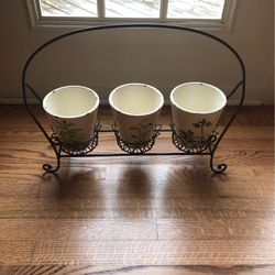 Crate & Barrell - Three Herb Pots And Metal Holder