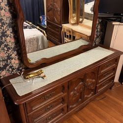 Antique Solid Wood Dresser with Mirror – 72” x 19” x 31” (Dresser) + 50” x 40” (Mirror)