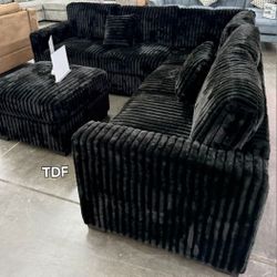 Brand New Black Fur Like Corduroy Sectional Sofa Couch +Ottoman (New In Box) 