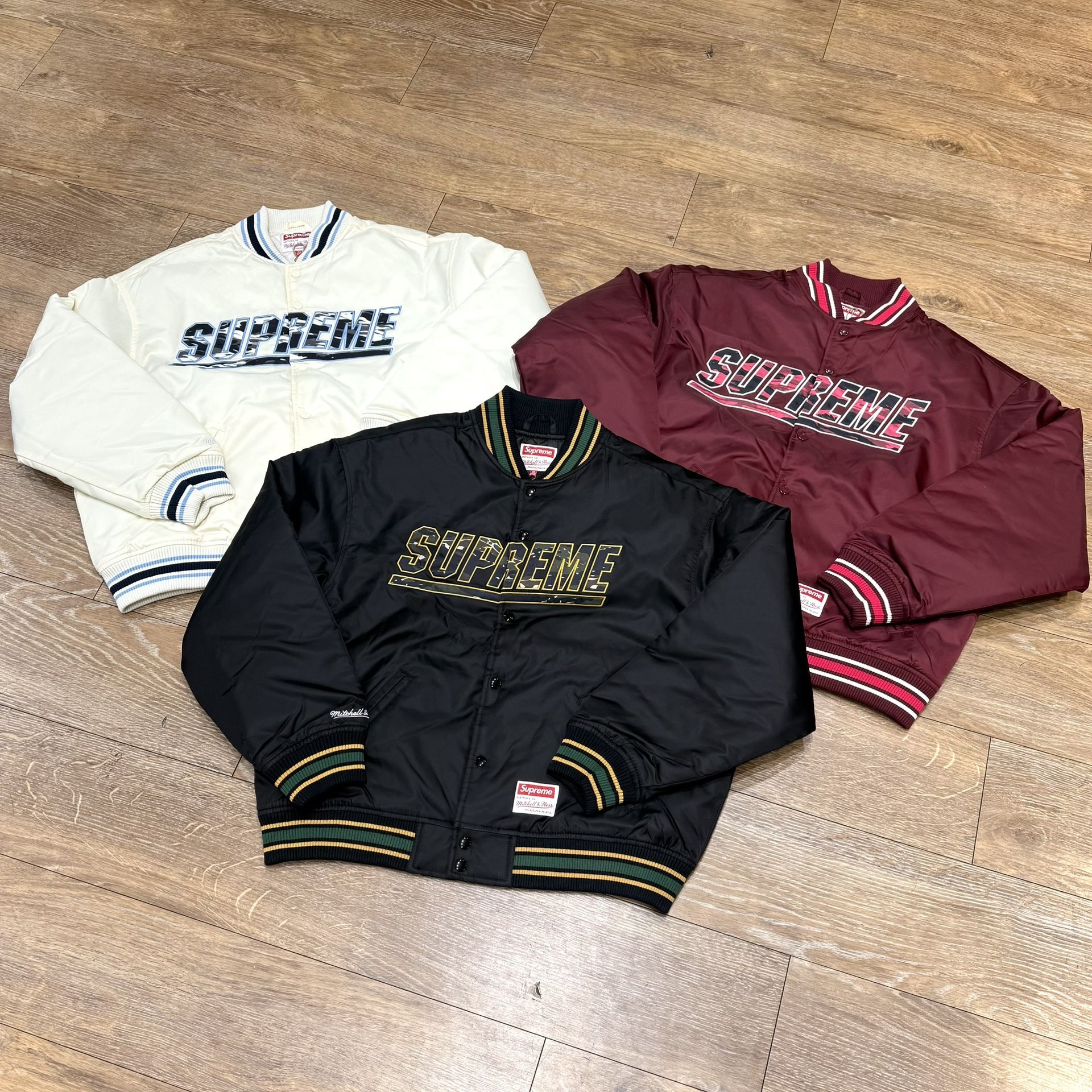 SUPREME X MITCHELL & NESS CAMO VARSITY JACKET