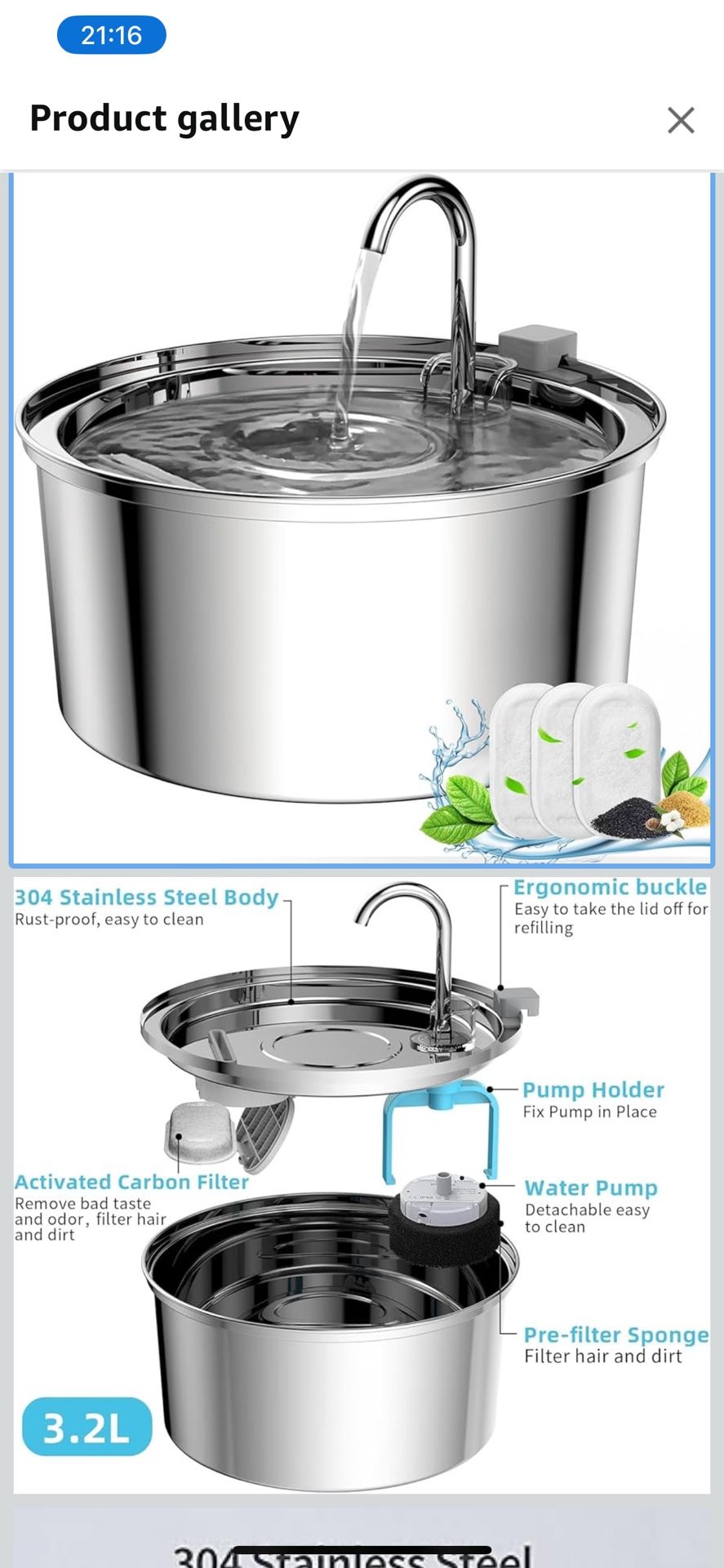 Tomxcute Cat Water Fountain, 3.2L/108oz Automatic Stainless Steel Pet Fountain Dog Water Dispenser, Ultra-Quiet Pump and 3 Replacement Filters & for C