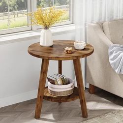 Rustic Wooden Round Side Table – Solid Fir & Smart Storage