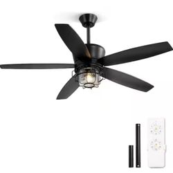 52 in. Outdoor Black Waterproof Ceiling Fan with Lights and Remote Control, 6-speeds, 3-CCT, Downrod Mmount/Angled Mount