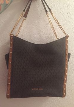 Michael Kors Studded Signature Logo Chain Tote Satchel Hobo Vanilla Coated Twill W/ Leather Trim Shoulder Bag