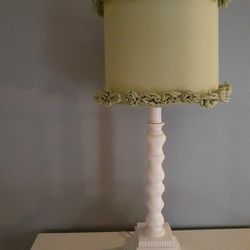 White & Green Floral Lamp. White base 25in L with Light Mint Green Lamp Shade 10inD with Cloth Flowers on top & bottom trim