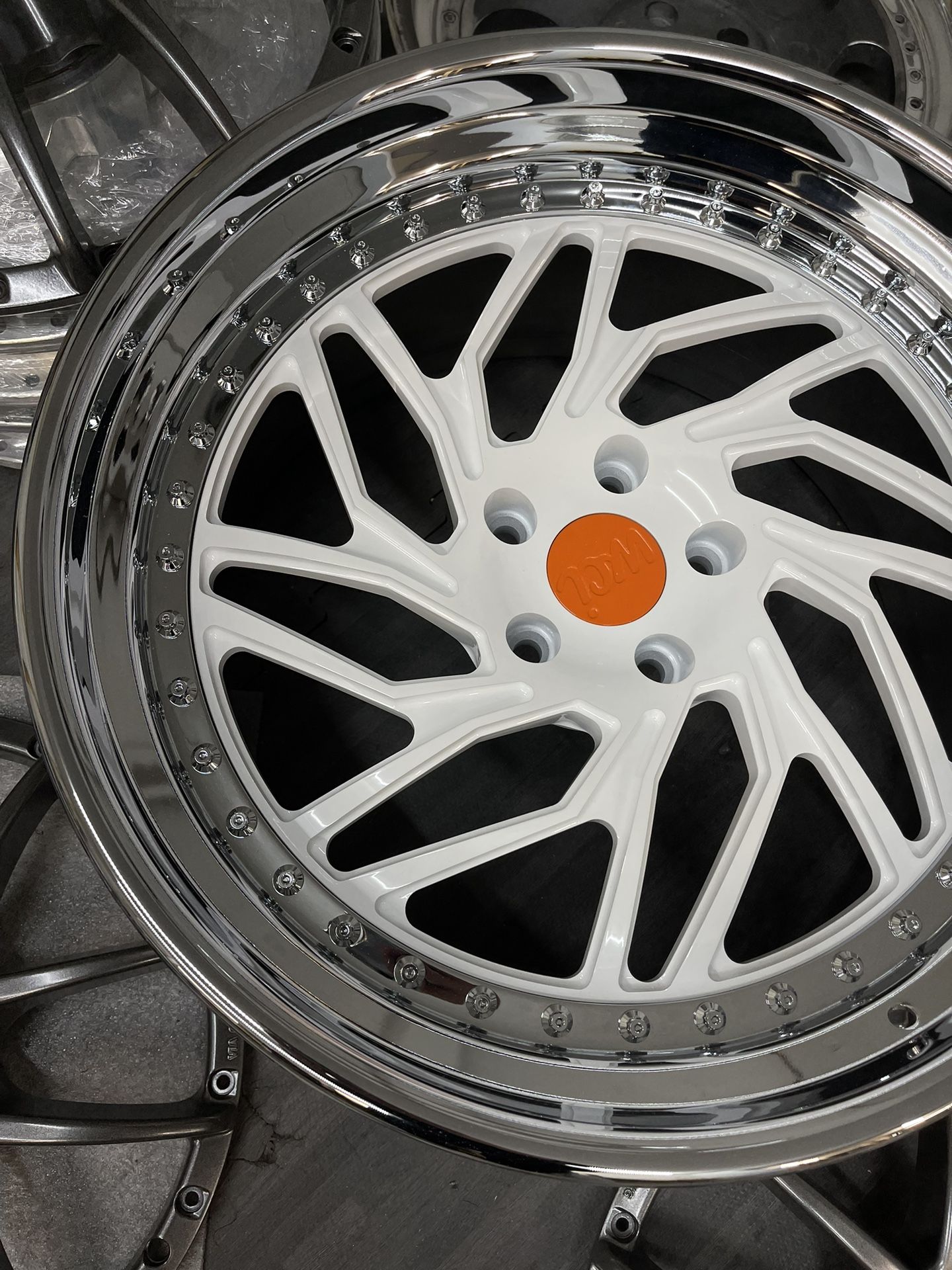 3piece WCI JB1 Wheels White Face Chrome Lips Orange Center Cap