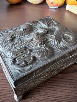 Vintage Made in Japan Embossed Dragon Metal Trinket Box