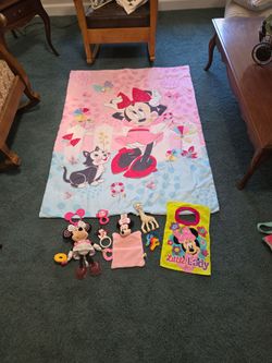 DISNEY MINNIE MOUSE BLANKET, BIB, MMHANG TOY, TOYS AND SECURITY BLANKET SEE DESCRIPTION