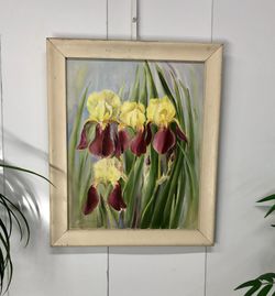 Floral Oil Painting on Canvas Irises Framed Wall Art 23.5”x19.5” Item#045h
